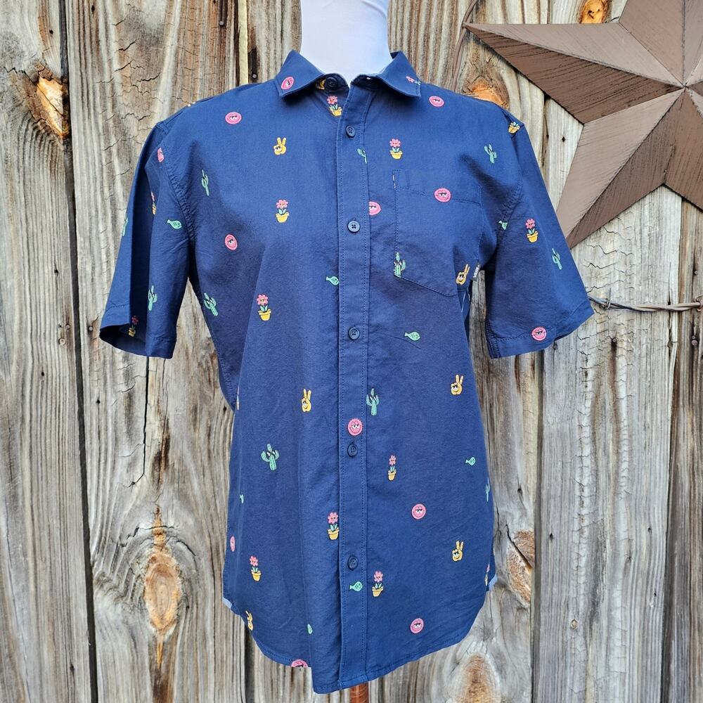 Vans Boys Shirt XL Graphic Print Houser Navy Blue Fish Cactus Button Down